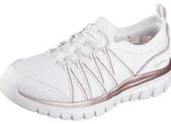 Best Skechers , trendige Damen-Slipper, aus gestricktem Mesh-Material WEISS-ROSÉGOLD