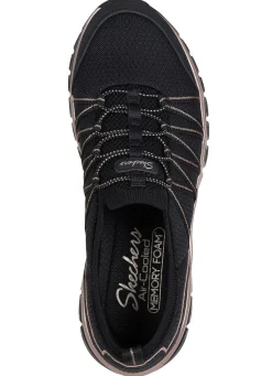 Hot Skechers , trendige Damen-Slipper, aus gestricktem Mesh-Material SCHWARZ-ROSÉGOLD