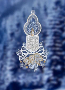 New PLAUENER SPITZE Stimmungsvolles Fensterbild aus WEISS-GOLD-SILBER