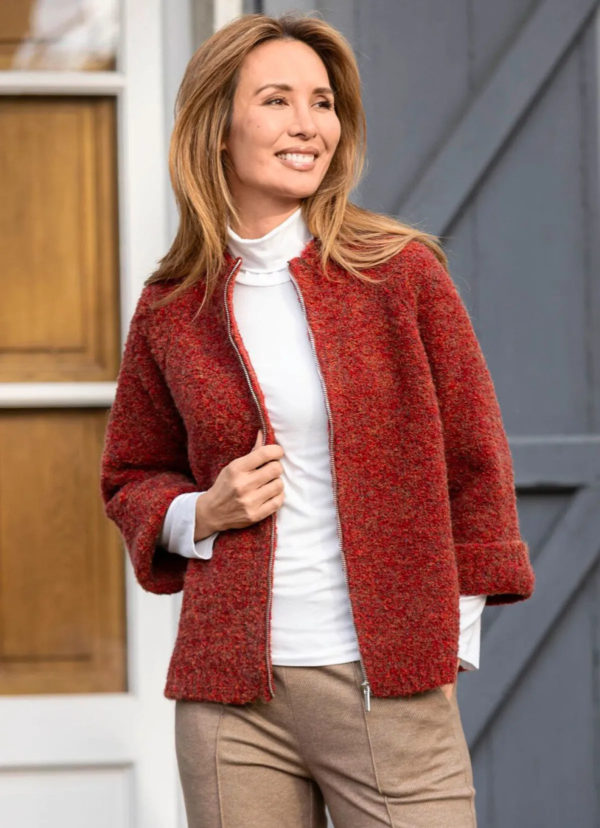 Online BADER Strickjacke aus Bouclégarn ROT MELIERT