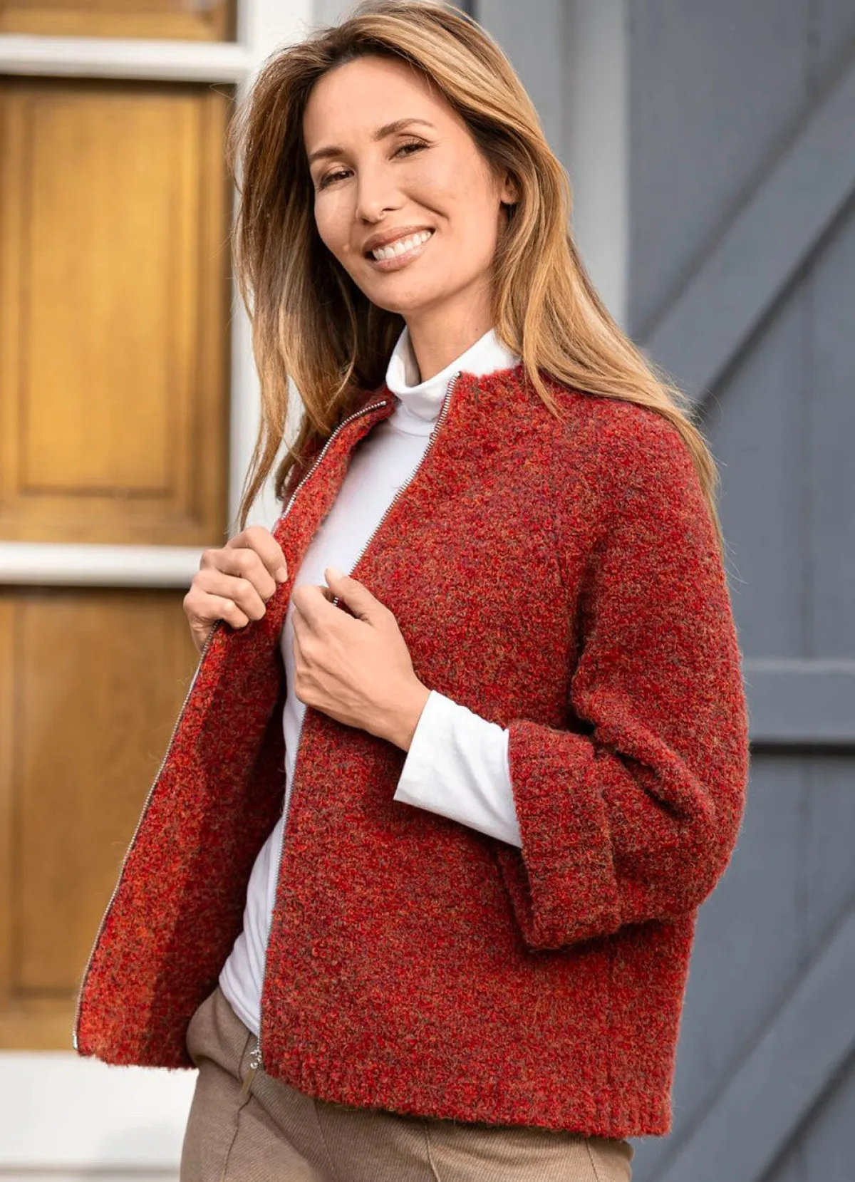 Online BADER Strickjacke aus Bouclégarn ROT MELIERT