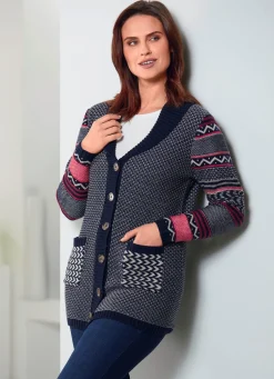 BADER Strickjacke im Mustermix MARINE-ROT-CREME