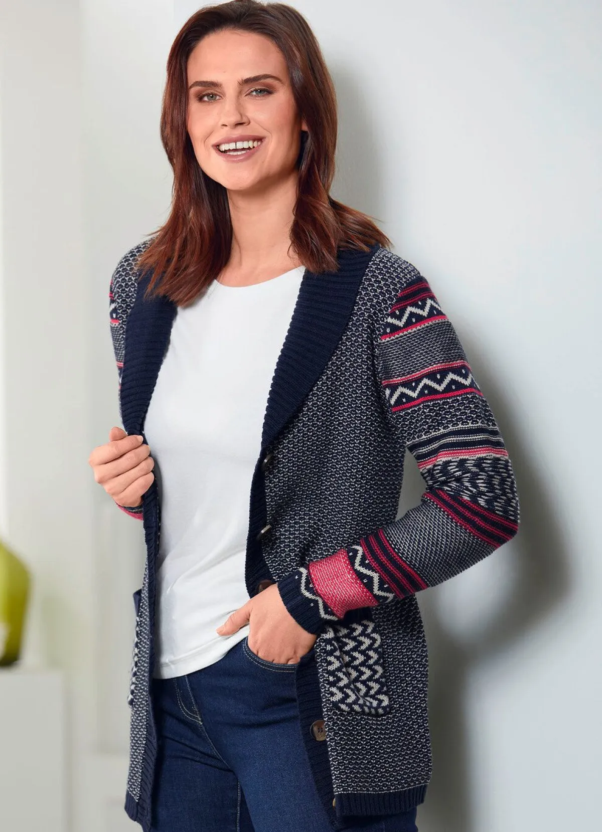 BADER Strickjacke im Mustermix MARINE-ROT-CREME