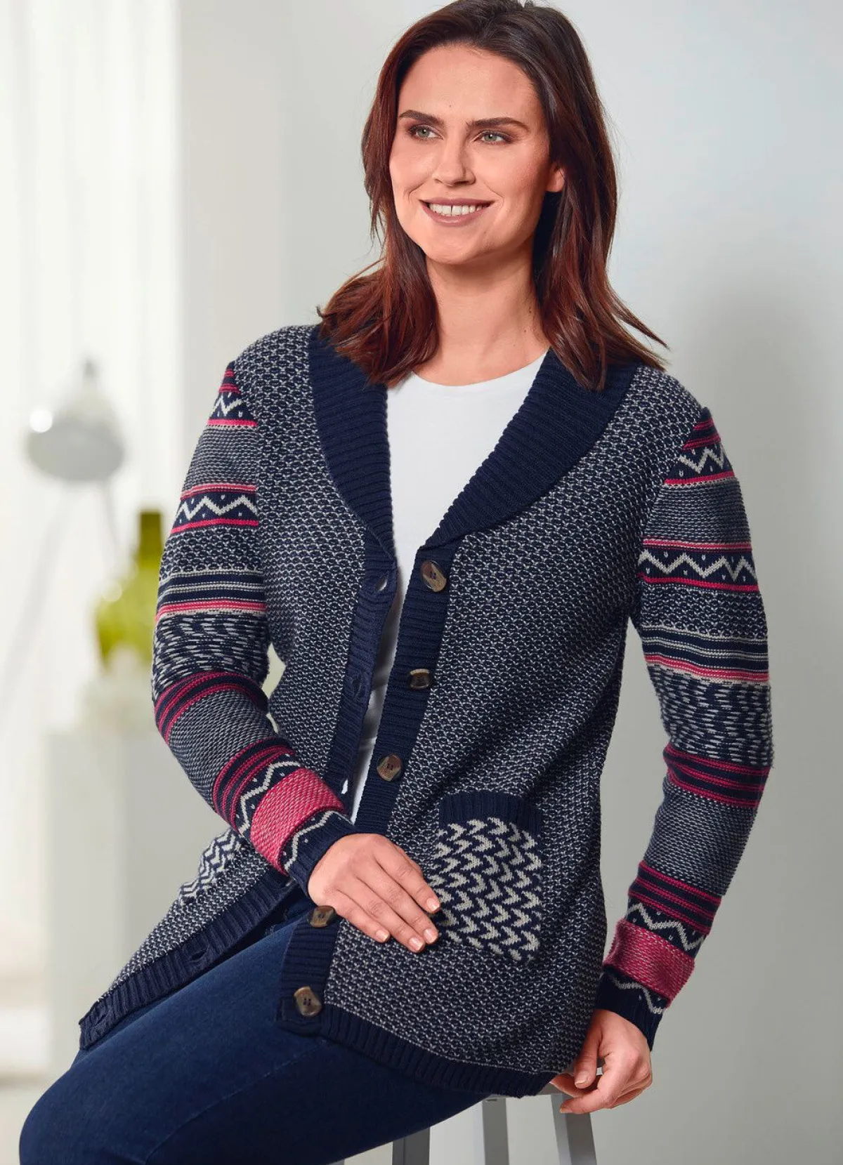 BADER Strickjacke im Mustermix MARINE-ROT-CREME