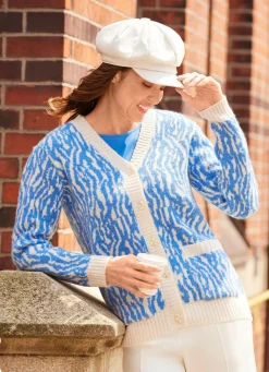 Hot laurakent Strickjacke in aufwendigem Jacquard-Dessin AZURBLAU MELIERT-ECRU