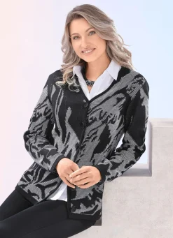 Sale BADER Strickjacke in grafischer Optik mit platischem Effekt SCHWARZ-WEISS