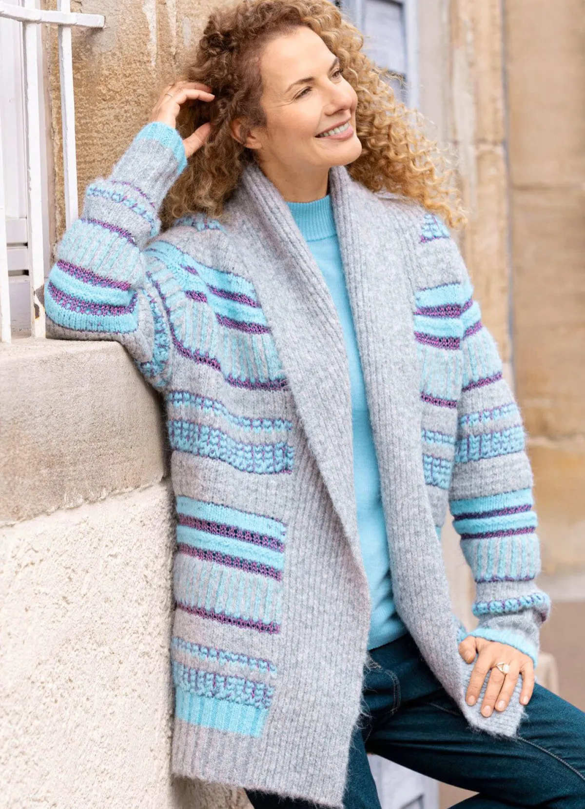 Outlet BADER Strickjacke in Grobstrick HELLGRAU-HELLBLAU-LILA