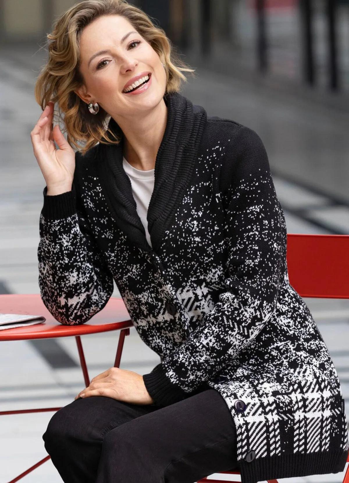 Best BADER Strickjacke in Jacquard-Dessin SCHWARZ-WEISS