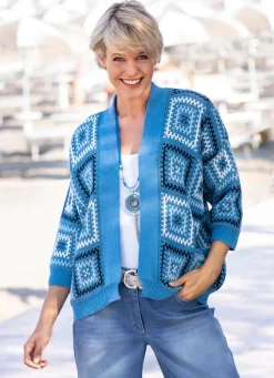 New BADER Strickjacke in Jacquard-Dessin JEANSBLAU-WEISS-MULTICOLOR