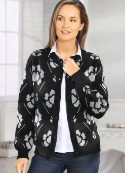 Online BADER Strickjacke in Jacquard-Dessin SCHWARZ-HELLGRAU MELIERT