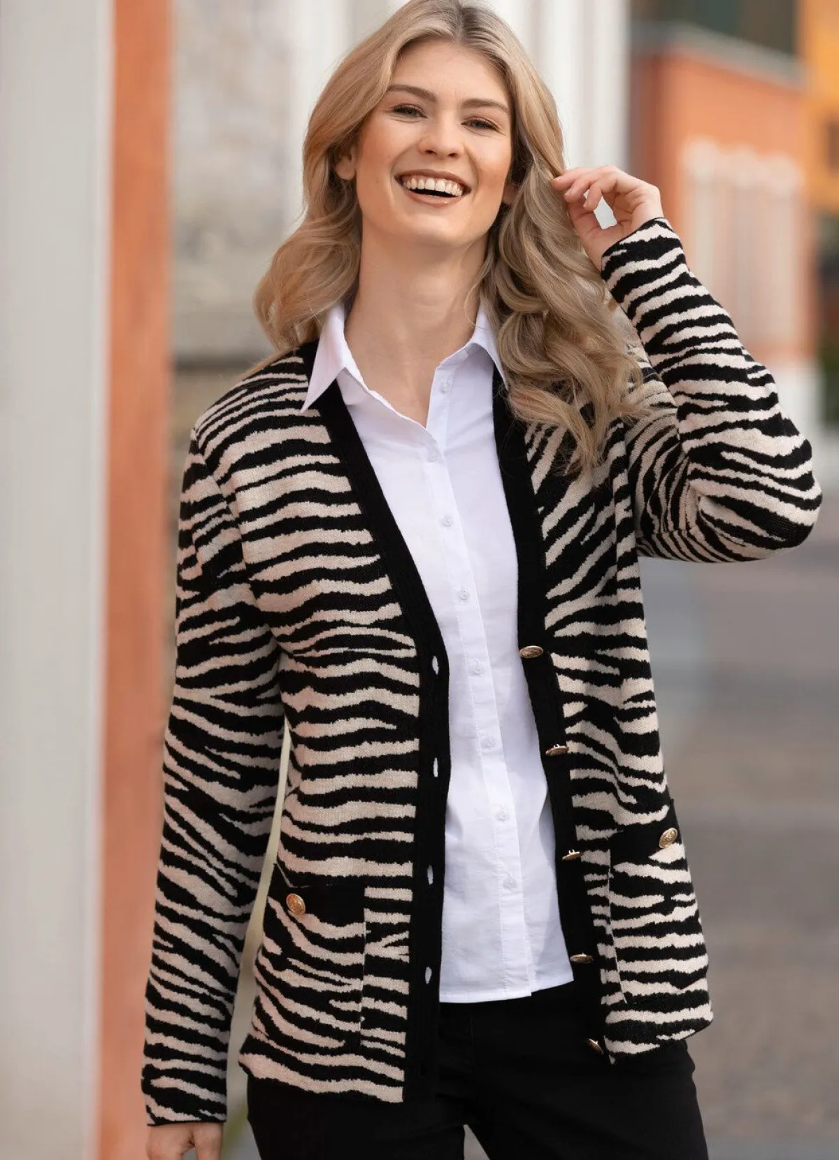 Sale BADER Strickjacke in Jacquard-Dessin SCHWARZ-BEIGE MELIERT
