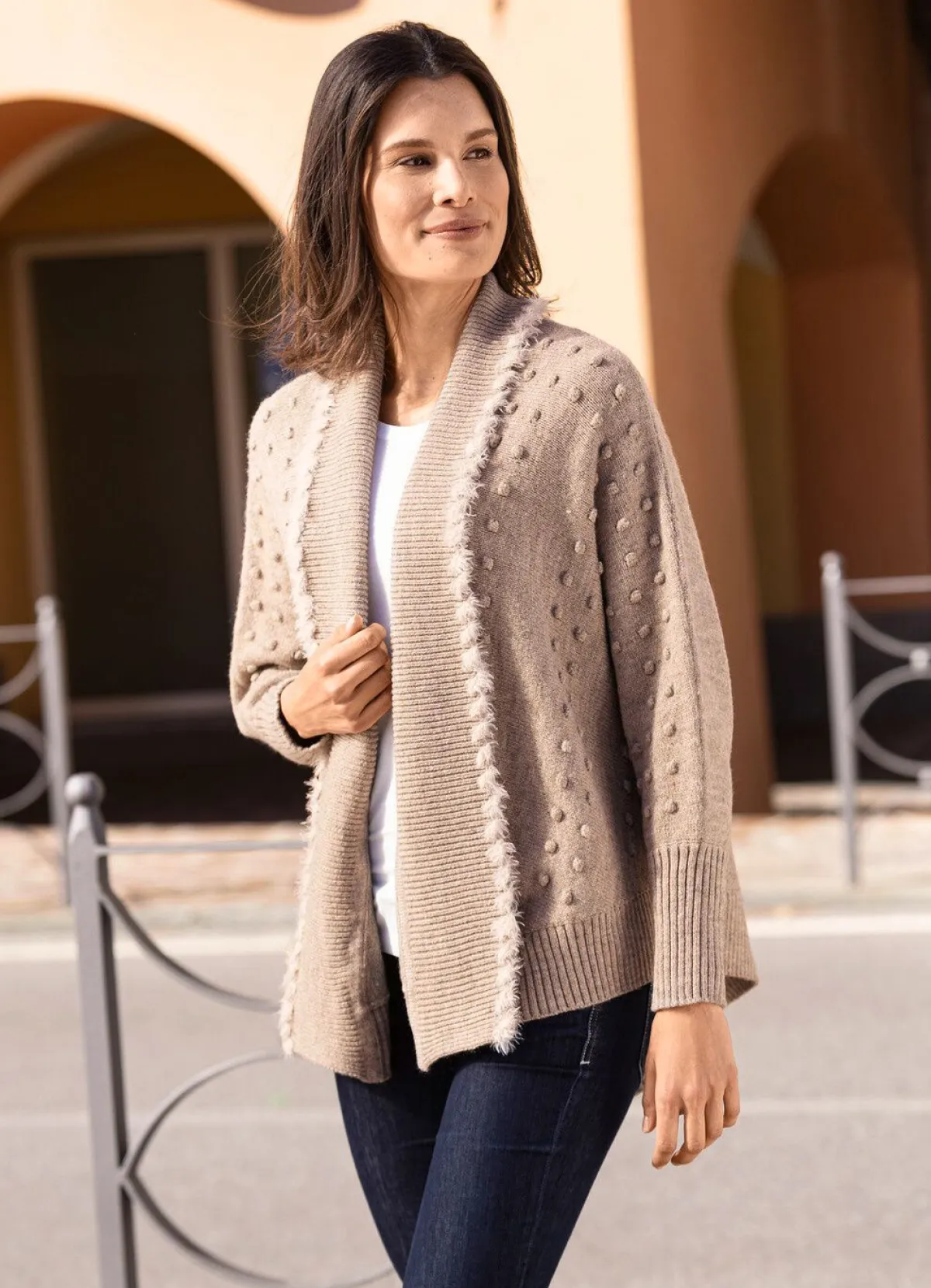 New BADER Strickjacke in leichter Fledermausform SAND MELIERT