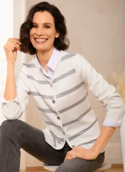 Discount BADER Strickjacke in Milano-Rippe ECRU-HELLGRAU MELIERT