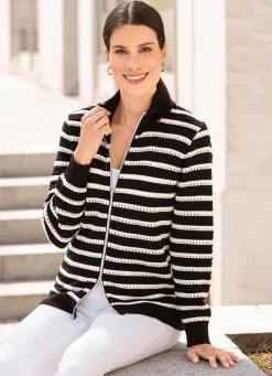 BADER Strickjacke in Ringeldessin mit Ajourakzenten SCHWARZ-WEISS