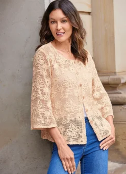Hot BADER Strickjacke mit Blumen und Schmetterlingen BEIGE