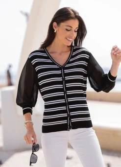 Hot BADER Strickjacke mit feinen Chiffonärmeln SCHWARZ-WEISS