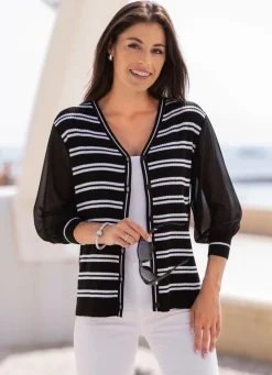 Hot BADER Strickjacke mit feinen Chiffonärmeln SCHWARZ-WEISS