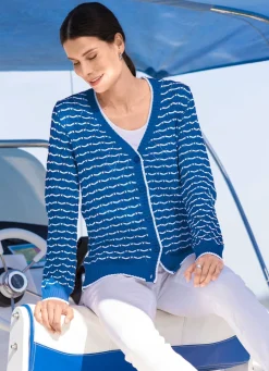 Discount BADER Strickjacke mit feinen Ringeln und Ajourrauten AZURBLAU-WEISS