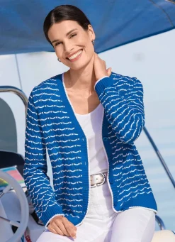 Discount BADER Strickjacke mit feinen Ringeln und Ajourrauten AZURBLAU-WEISS