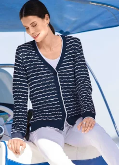 Online BADER Strickjacke mit feinen Ringeln und Ajourrauten MARINE-WEISS