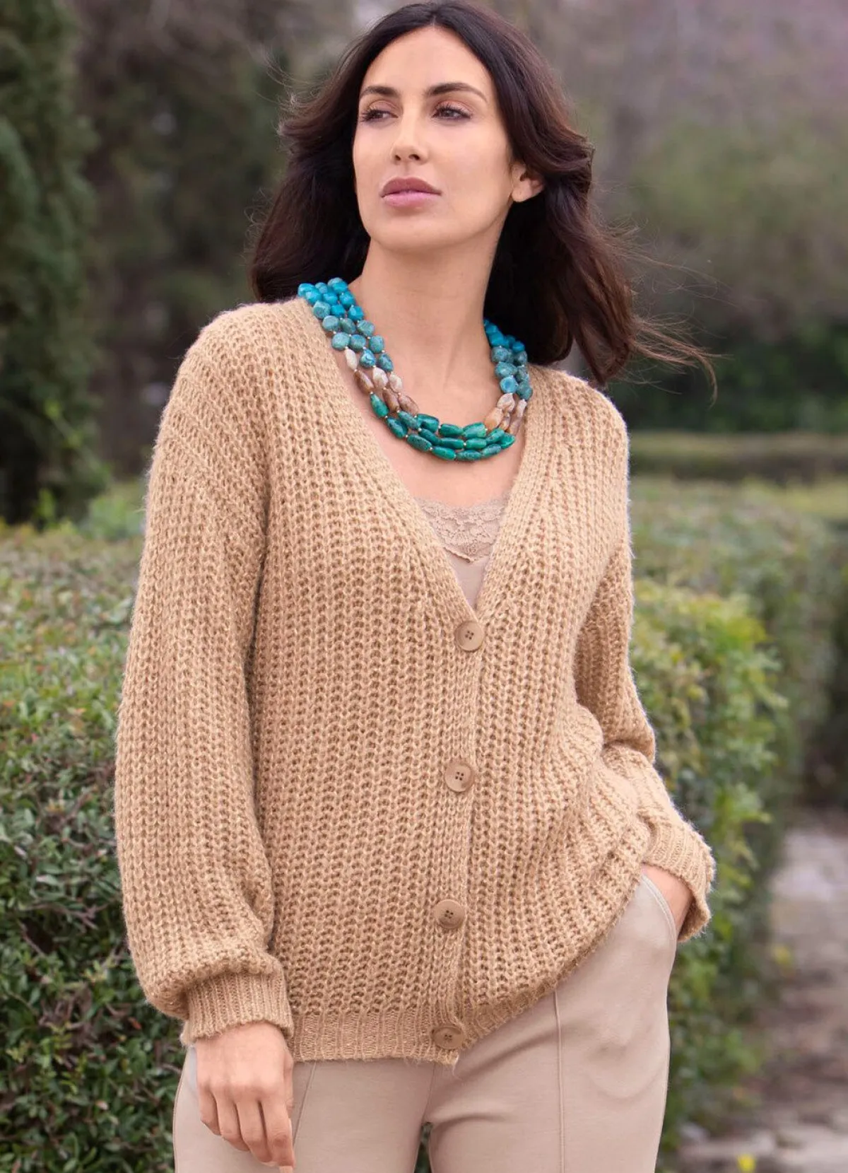 Online Tizia Strickjacke mit Paillettengarn BEIGE MELIERT