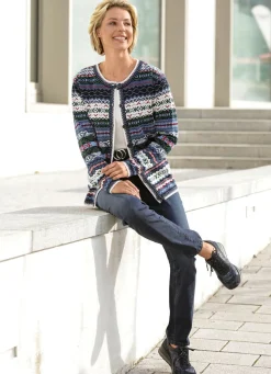Discount BADER Strickjacke mit Schurwolle JEANSBLAU-GRÜN-MULTICOLOR
