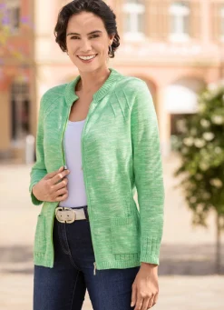 New BADER Strickjacke mit Strickbandzier und Taschen GRÜN MELIERT