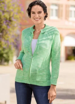 New BADER Strickjacke mit Strickbandzier und Taschen GRÜN MELIERT