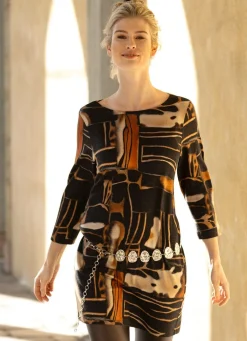 Clearance KLAUS MODELLE MADE IN GERMANY Strick-Tunika in Feinstrick SCHWARZ-CAMEL-MULTICOLOR