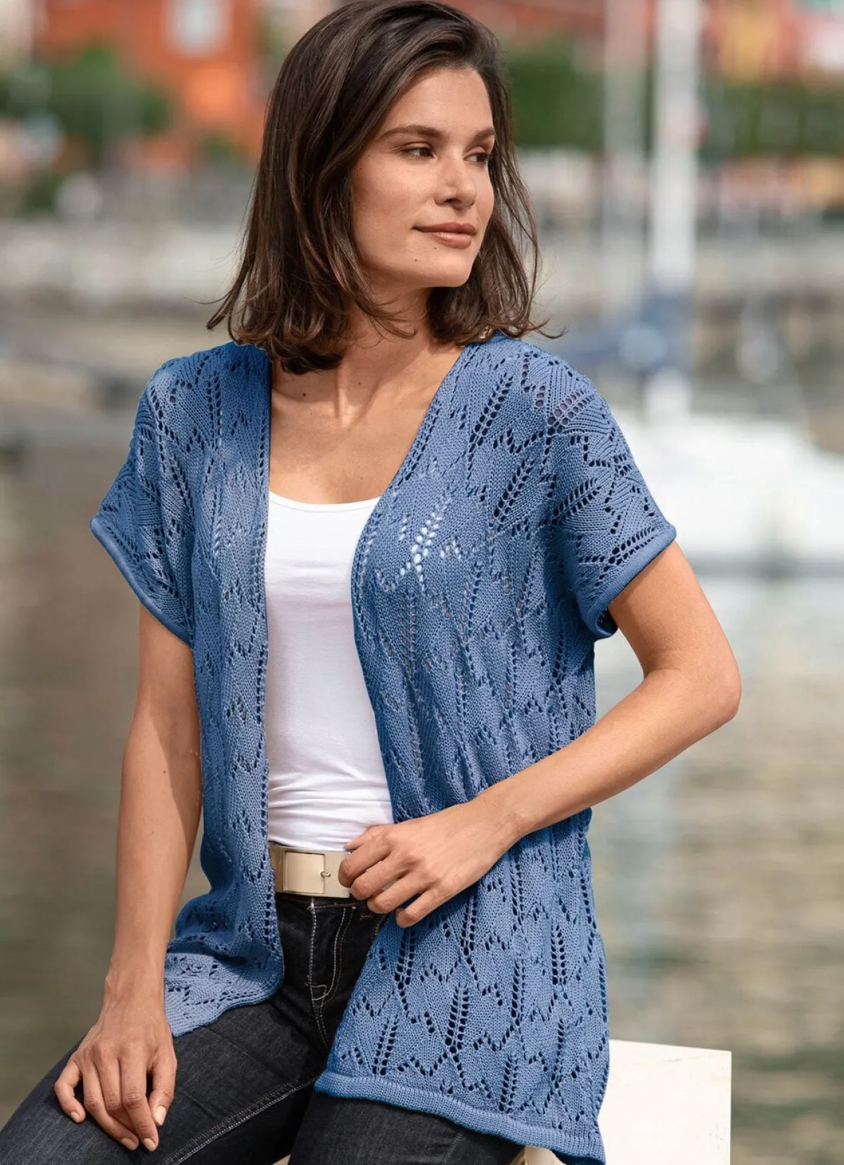 BADER Strickweste mit Ajourmuster JEANSBLAU MELIERT