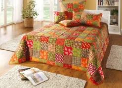 Best BADER Tagesdecke und Kissenbezüge in Patchwork-Optik ORANGE-GRÜN