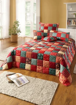 Clearance BADER Tagesdecke und Kissenbezüge in Patchwork-Optik ROT-GRÜN
