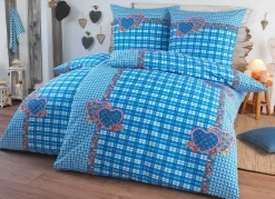 Outlet DOBNIG 4-teiliges Bettwäsche-Set mit rustikalem Karodessin BLAU