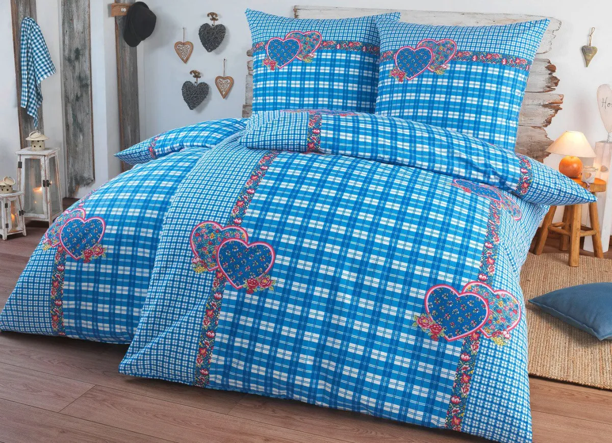 Outlet DOBNIG 4-teiliges Bettwäsche-Set mit rustikalem Karodessin BLAU