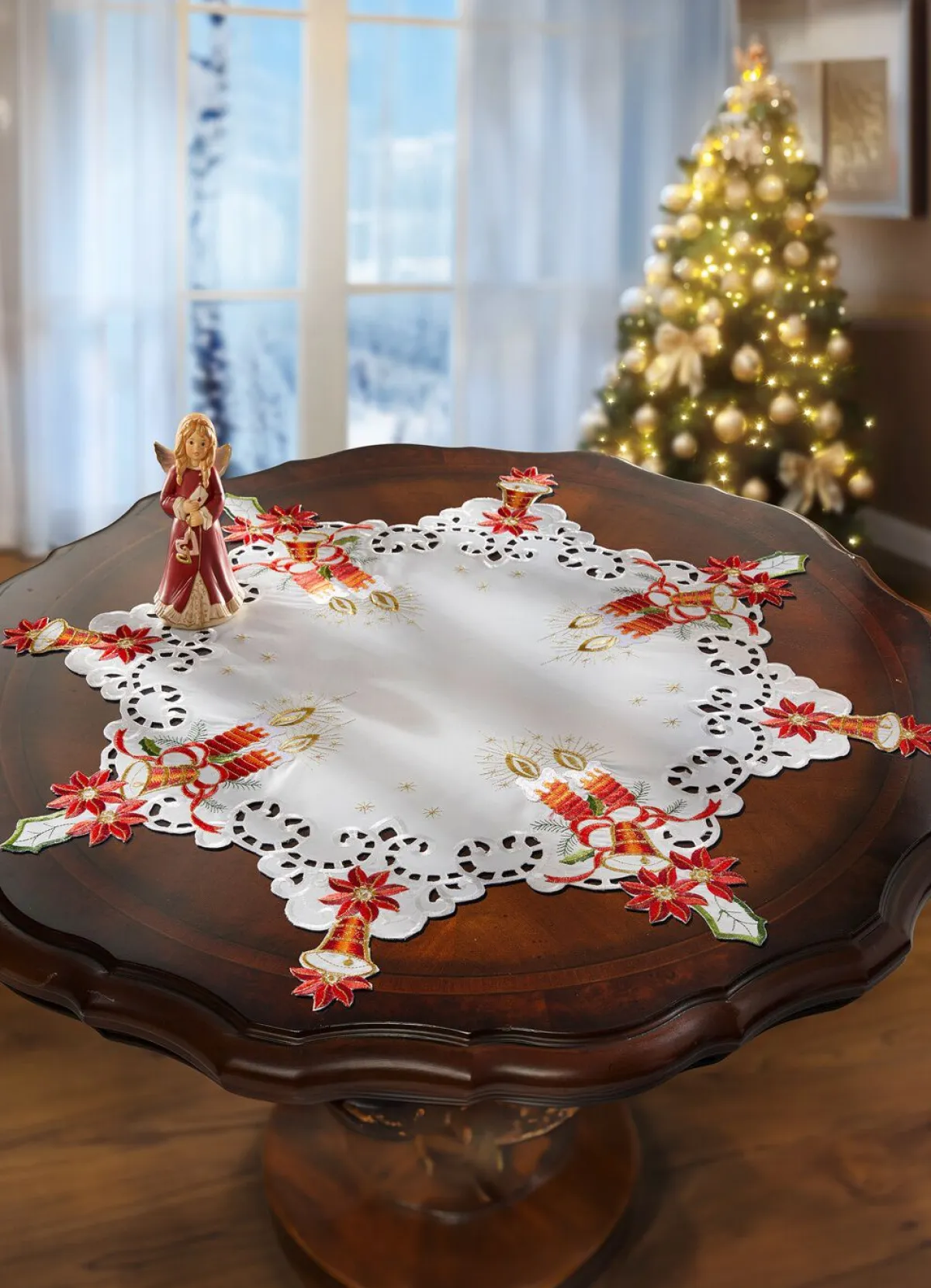 Hot SCHÄFER Tischdecke Stern mit filigraner Stickerei WEISS-BUNT
