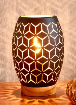 New BADER Tischleuchte mit Metall-Lampenschirm und Holz-Sockel SCHWARZ-GOLD