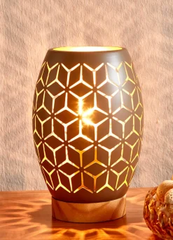 Discount BADER Tischleuchte mit Metall-Lampenschirm und Holz-Sockel BRAUN-GOLD