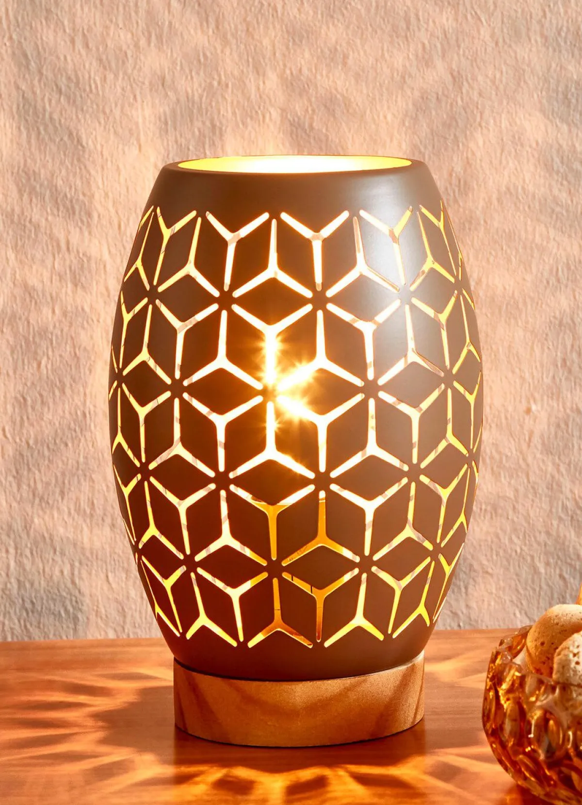 Discount BADER Tischleuchte mit Metall-Lampenschirm und Holz-Sockel BRAUN-GOLD