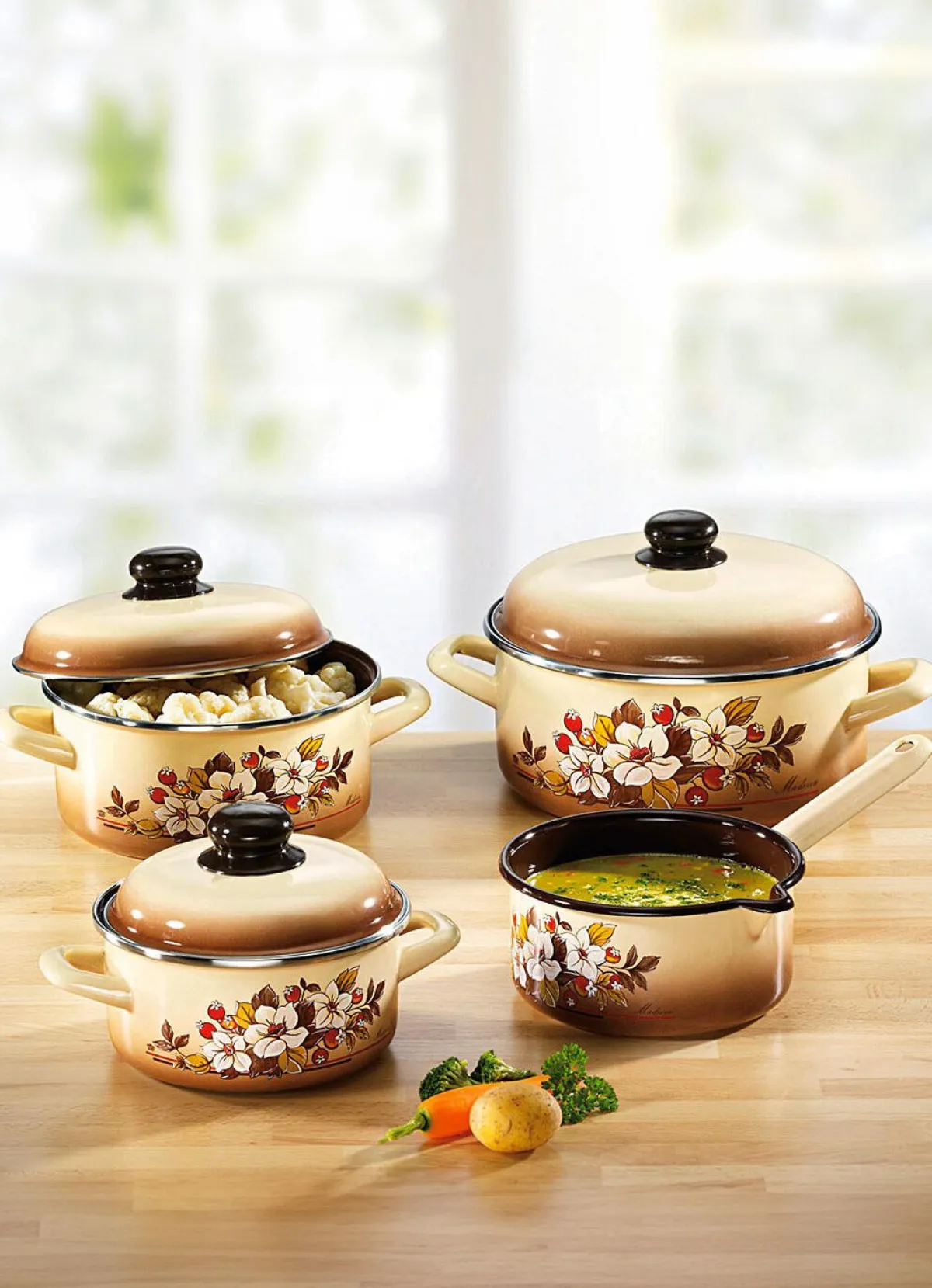 Clearance BADER Topf-Set, 7-teilig aus Stahl-Emaille BLUMEN