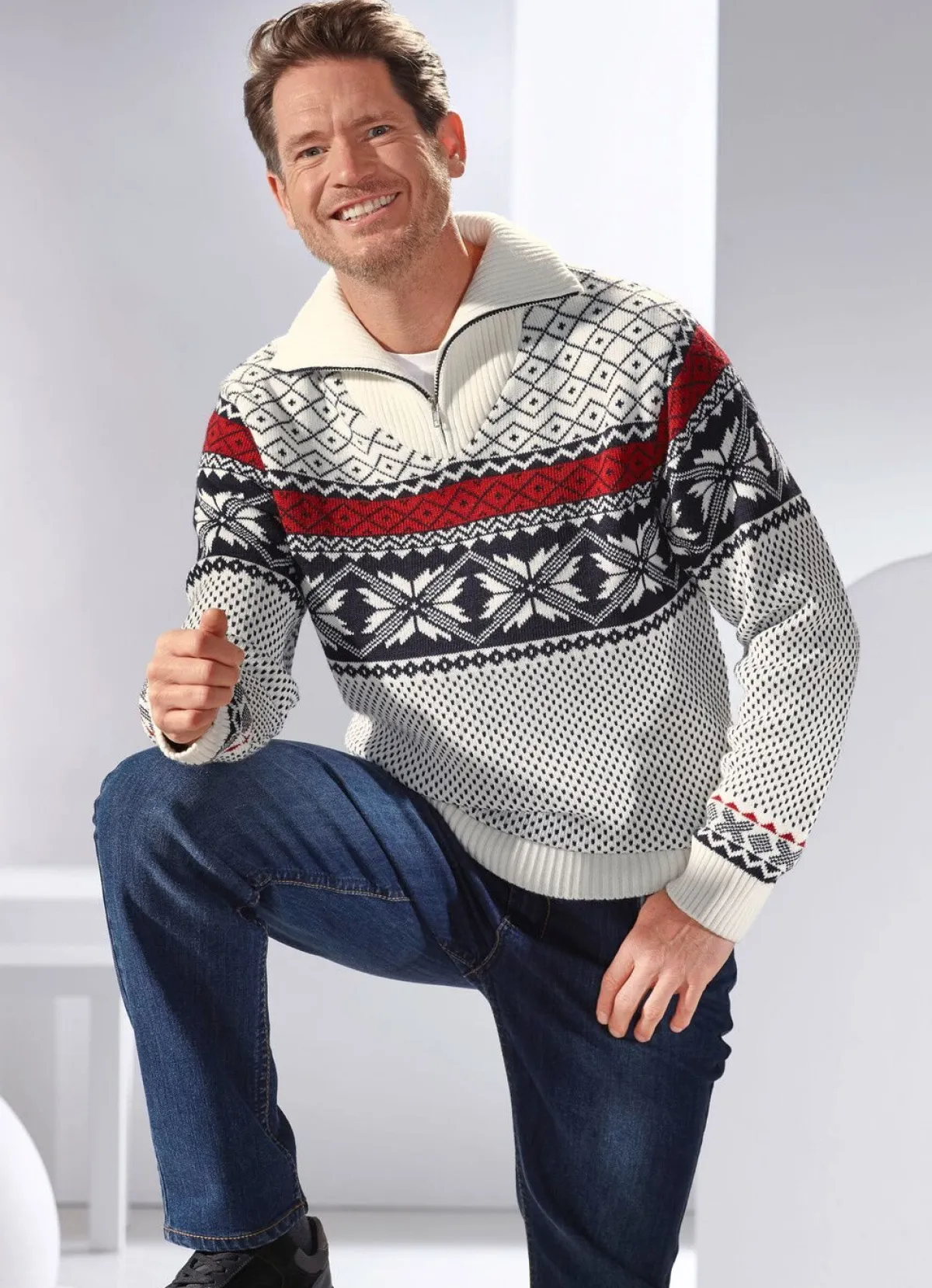 Sale BADER Troyer mit Norwegermuster WOLLWEISS-MARINE-ROT