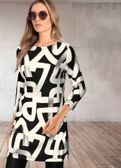 New KLAUS MODELLE MADE IN GERMANY Tunika mit Allover-Druck SCHWARZ-ECRU