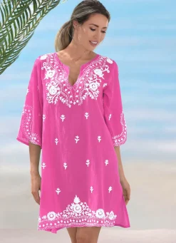 Sale BADER Tunika mit weißer Stickerei sowie Seitenschlitzen, reine Baumwolle FUCHSIA-WEISS