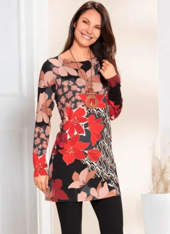 Hot KLAUS MODELLE MADE IN GERMANY Tunika mit farbbrillantem Inkjet-Druck SCHWARZ-ROT-BRAUN