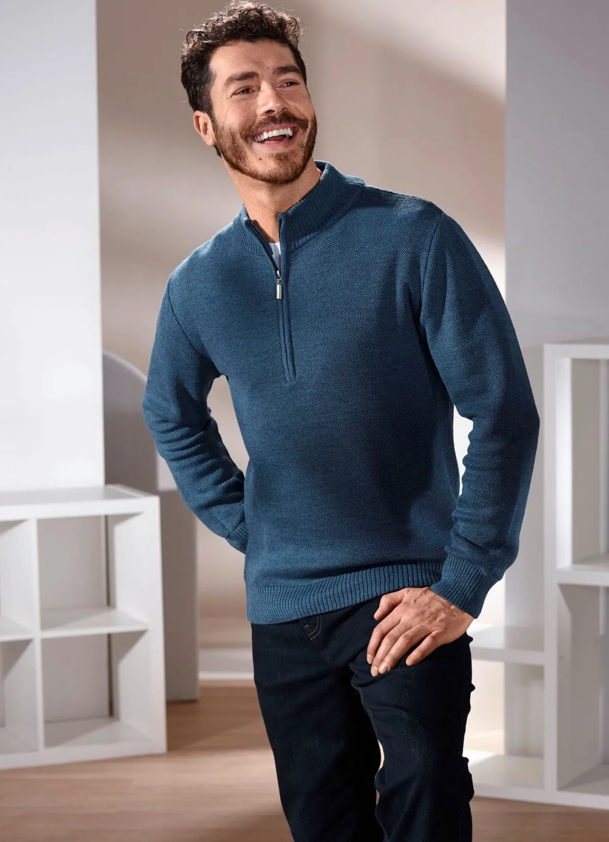 Best BADER Unifarbener Stehkragenpullover in 3 Farben JEANSBLAU