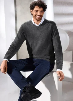 New BADER Unifarbener V-Pullover in 4 Farben ANTHRAZIT MELIERT