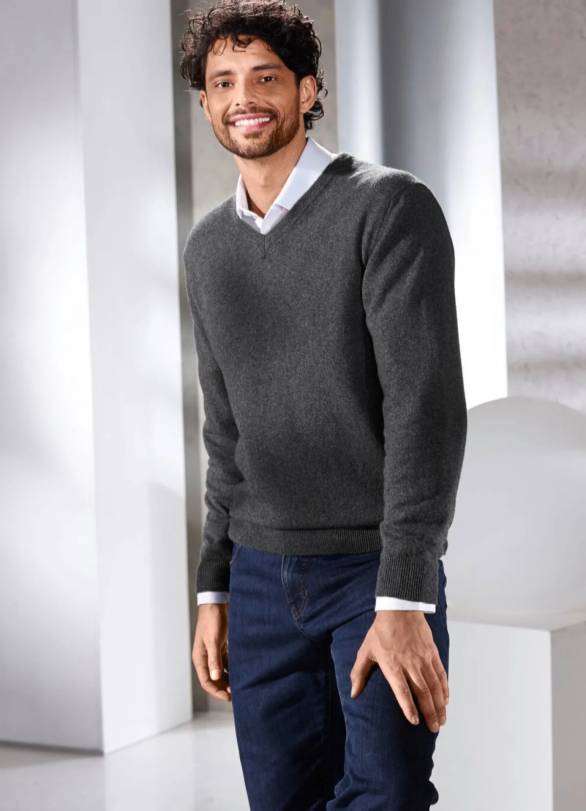 New BADER Unifarbener V-Pullover in 4 Farben ANTHRAZIT MELIERT