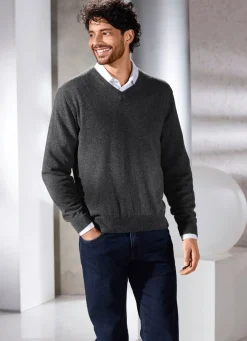 New BADER Unifarbener V-Pullover in 4 Farben ANTHRAZIT MELIERT