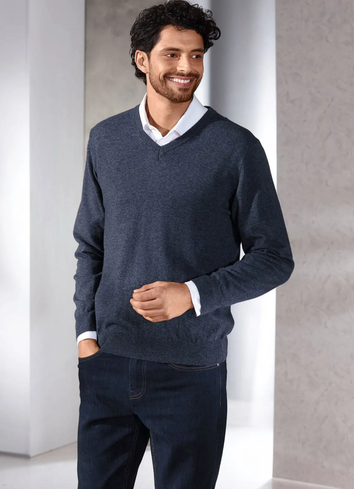 Best BADER Unifarbener V-Pullover in 4 Farben DUNKELBLAU MELIERT