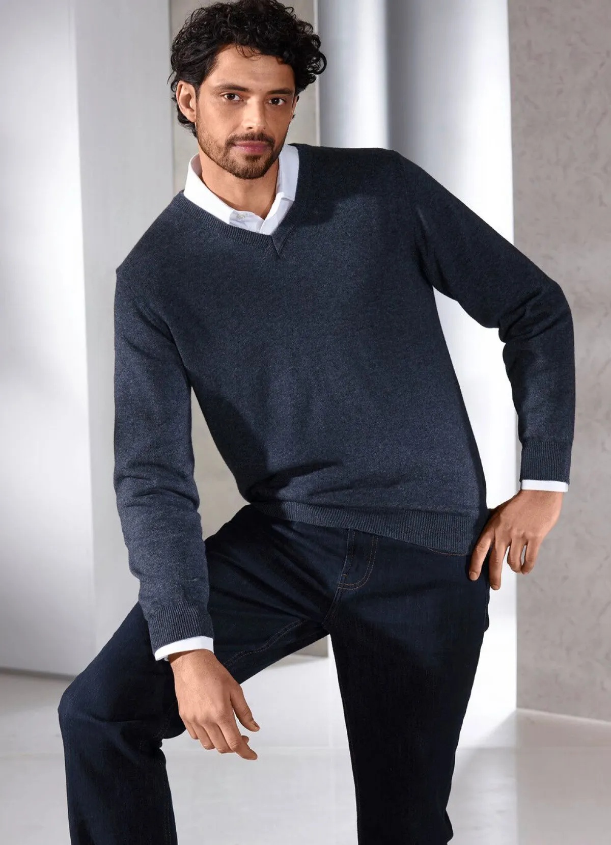 Best BADER Unifarbener V-Pullover in 4 Farben DUNKELBLAU MELIERT