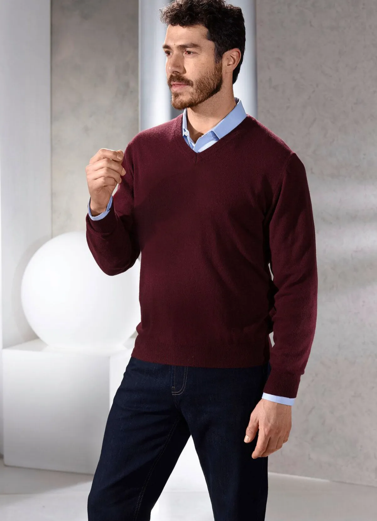 Online BADER Unifarbener V-Pullover in 4 Farben BORDEAUX MELIERT